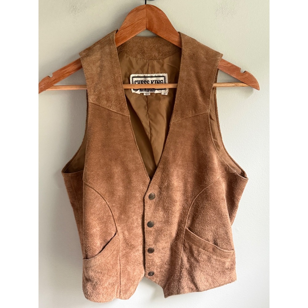Vintage Chess King Mens Brown Suede Leather Western Vest Boho Cowboy Small